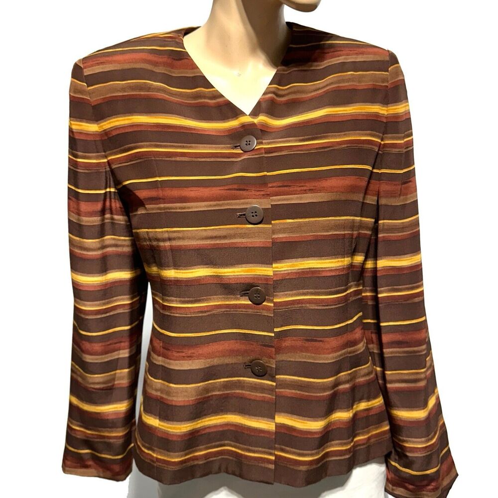 Kasper & Company ASL Blazer Women’s 12P 100% Silk Vintage Brown Striped